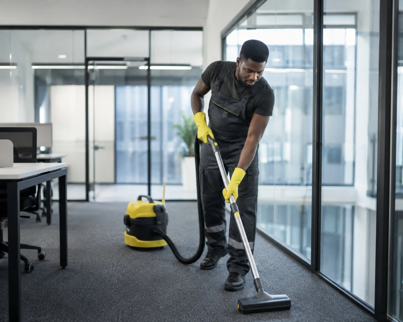 Commercial cleaner vacuuming carpet in an Edmonton office